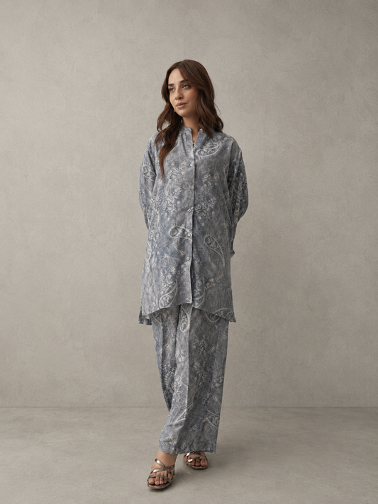 Printed Georgette Co-Ord Set – Silver Mist