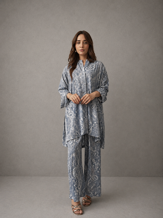 Printed Georgette Co-Ord Set – Silver Mist
