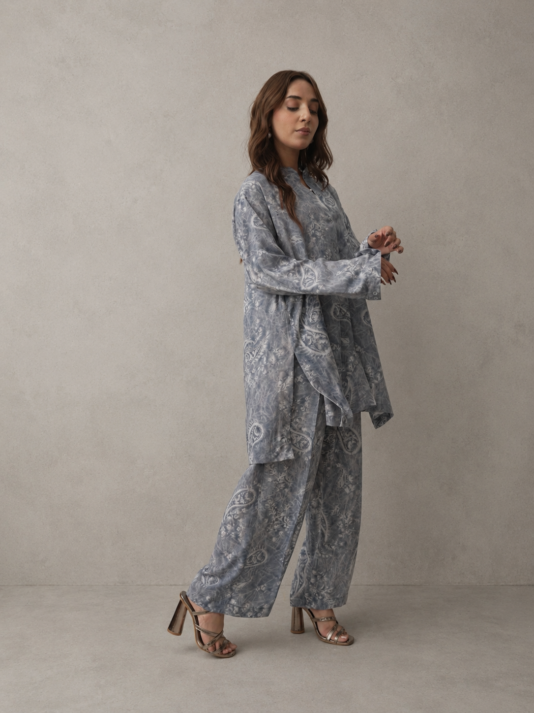 Printed Georgette Co-Ord Set – Silver Mist