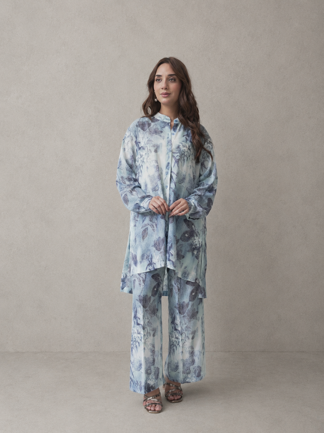 Printed Georgette Co-Ord Set – Aqua Bloom