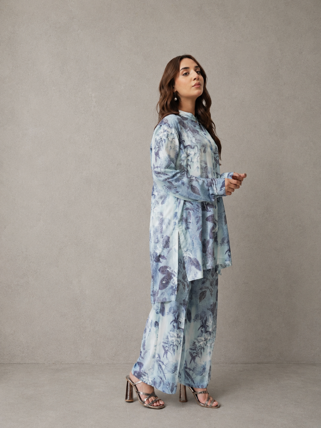 Printed Georgette Co-Ord Set – Aqua Bloom