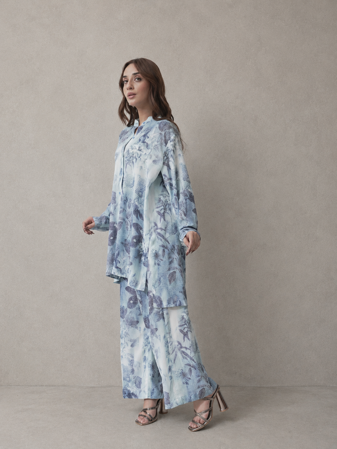Printed Georgette Co-Ord Set – Aqua Bloom