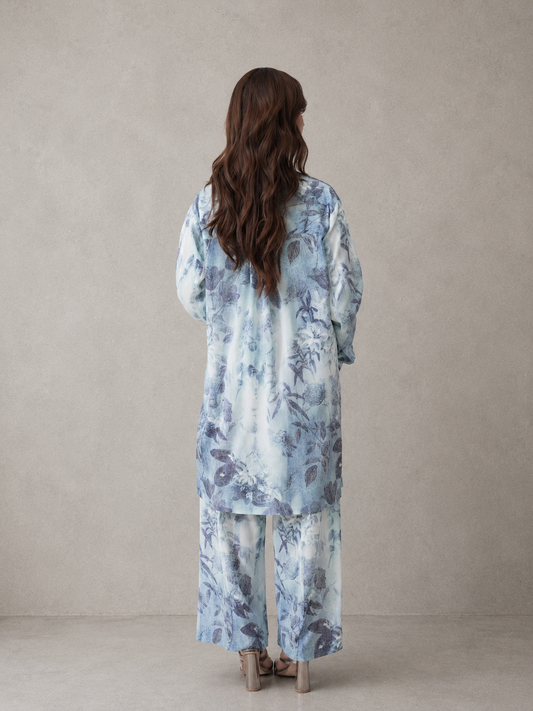 Printed Georgette Co-Ord Set – Aqua Bloom