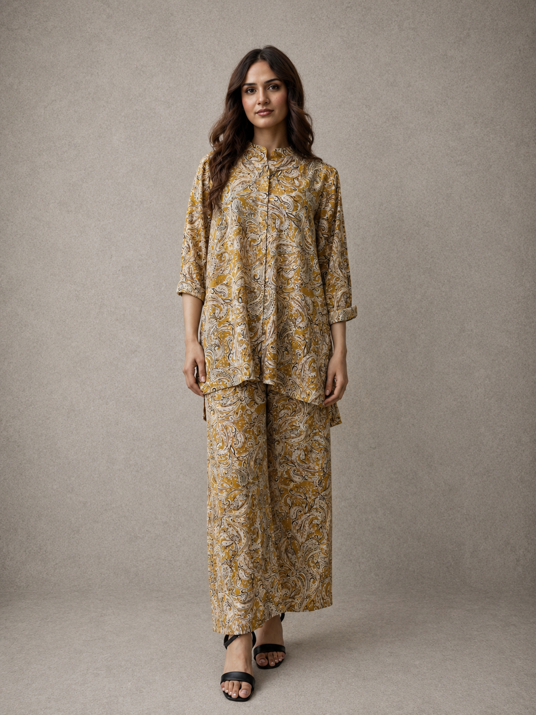 Printed Georgette Co-Ord Set – Golden Paisley