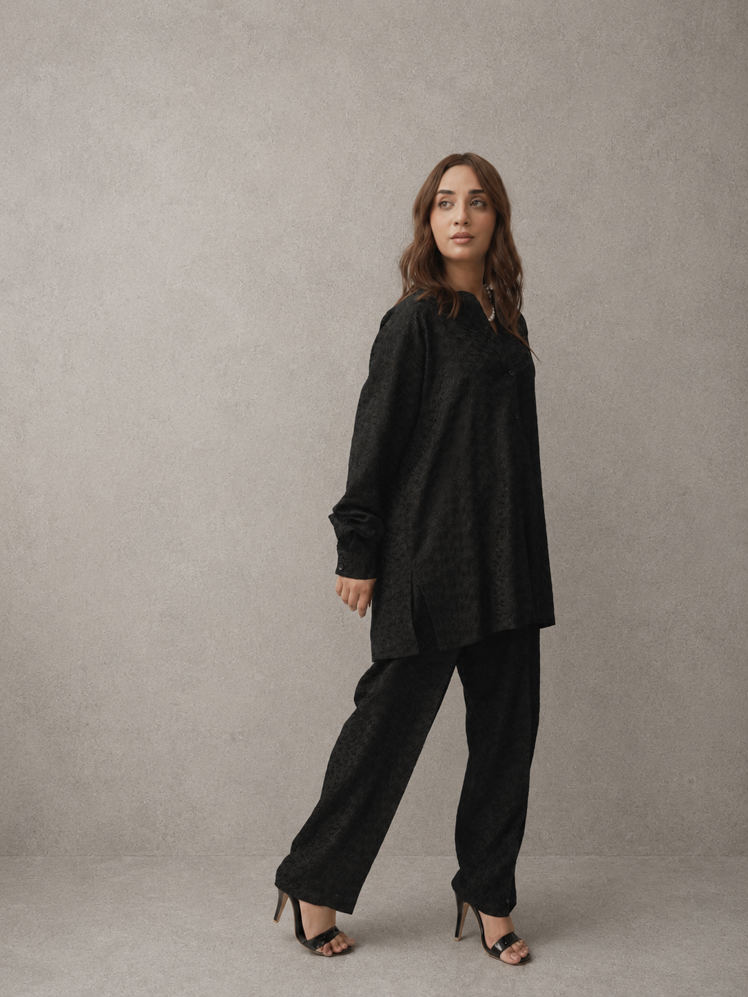 Black Embroidered Viscose Co-Ord Set