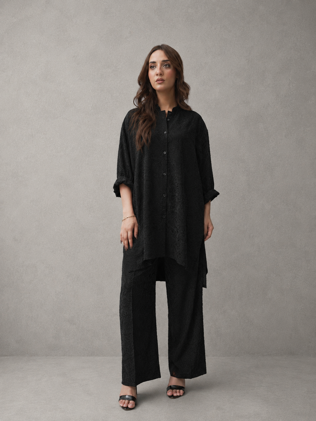 Black Embroidered Viscose Co-Ord Set
